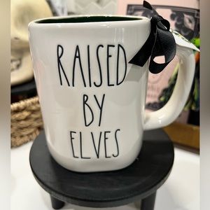 Rae Dunn Christmas Elf mug “raised by elves” green inside